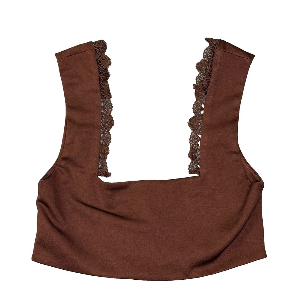 Womens Chocolate Brown Lace Up Back Crop Top Crochet Trim Square Neck Small